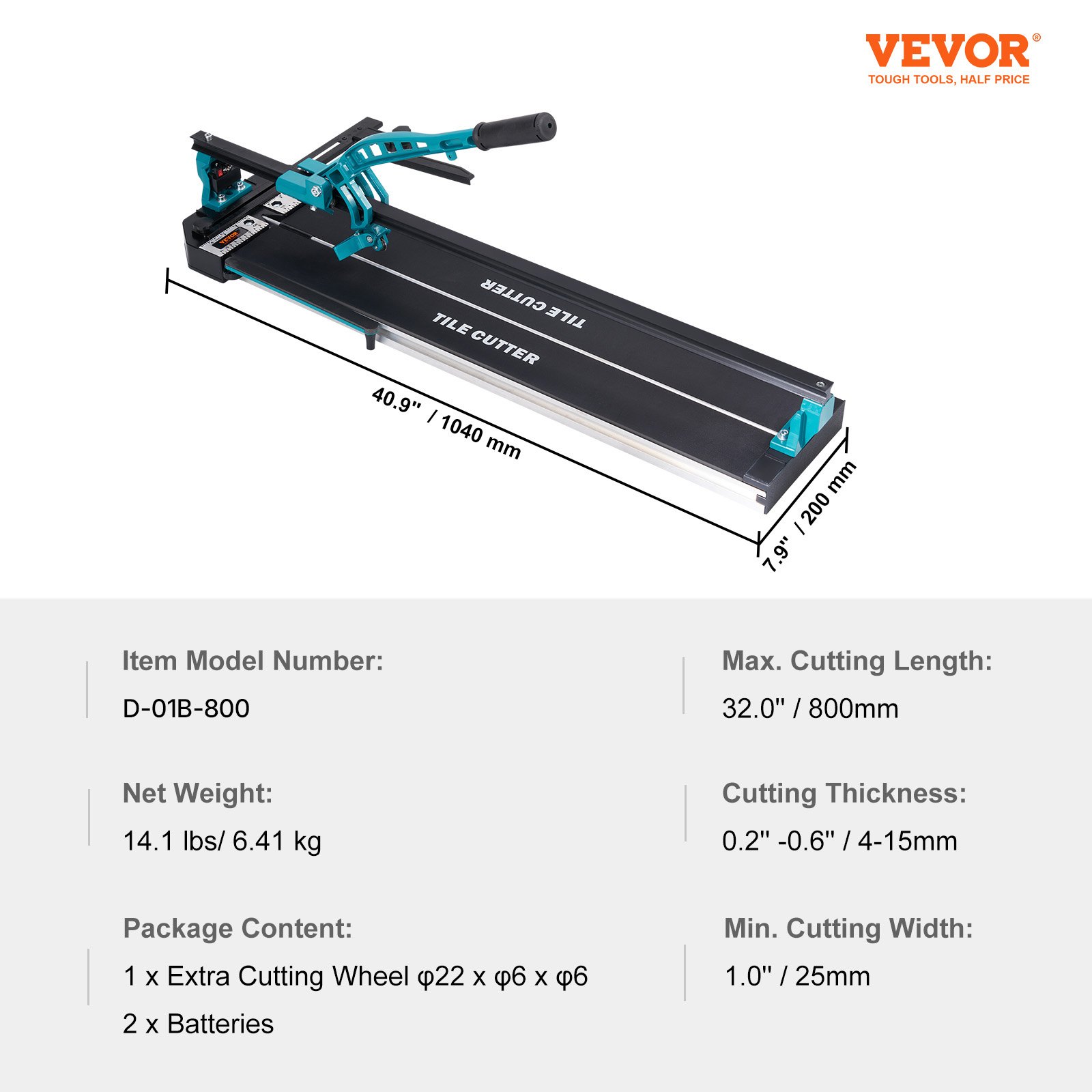 VEVOR tile cutter with a total cutting length of 800 mm, cutting thickness 4-15 mm, minimum cutting width 25 mm. Tile cutting machine including extra cutting wheel. For tile laying and renovation projects.