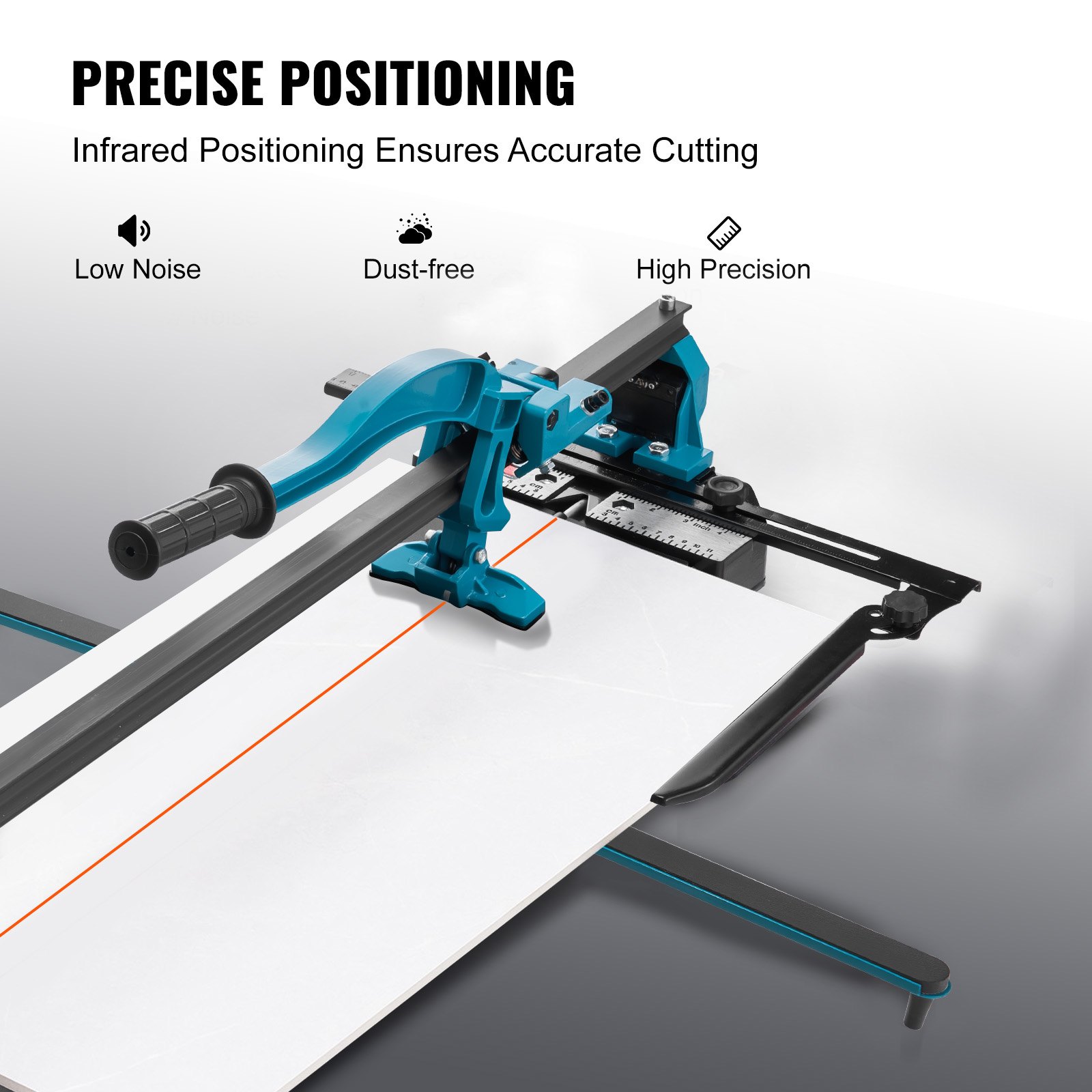 VEVOR tile cutter with a total cutting length of 1200 mm, cutting thickness 4-15 mm, minimum cutting width 25 mm. Tile cutting machine including extra cutting wheel. For tile laying and renovation projects.