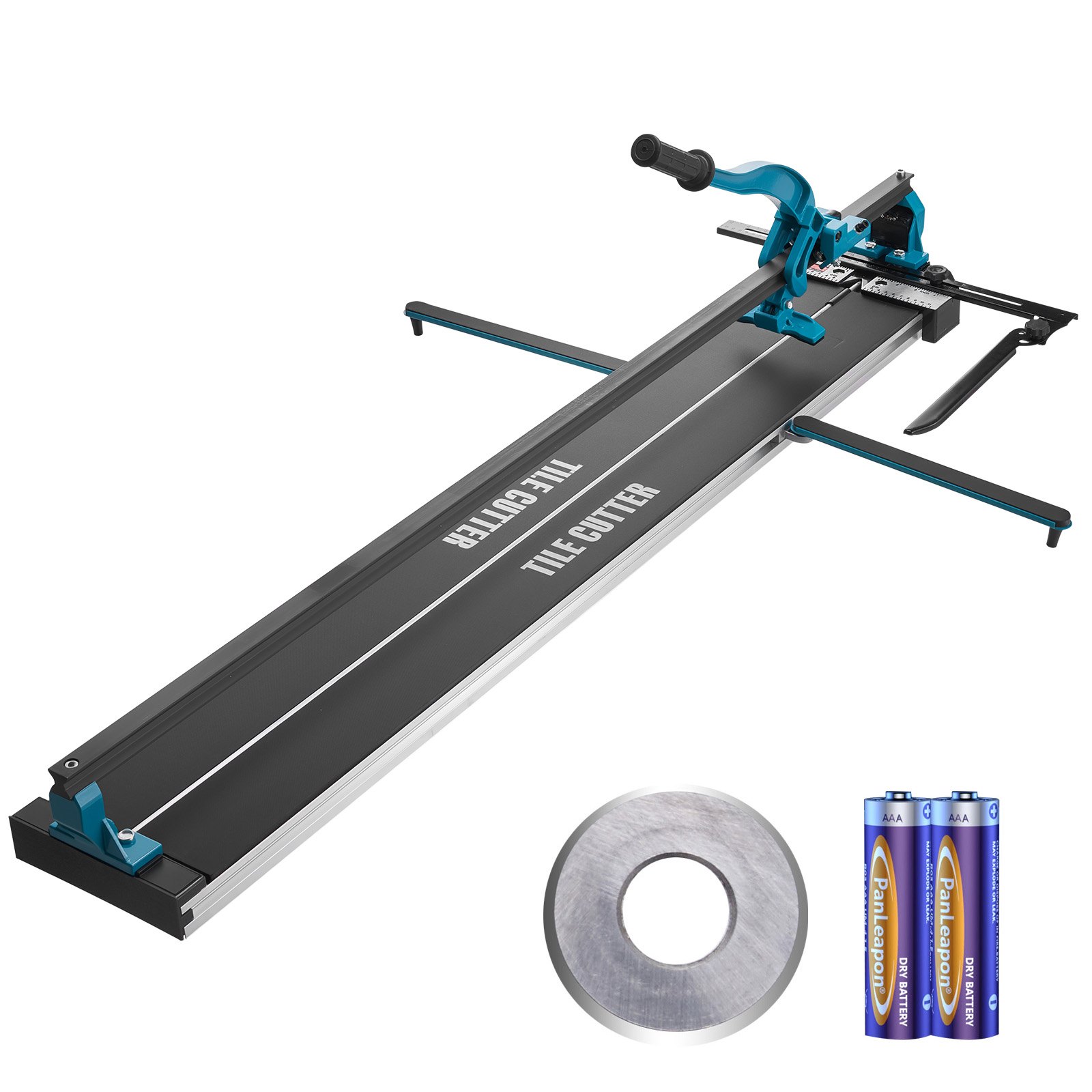 VEVOR tile cutter with a total cutting length of 1200 mm, cutting thickness 4-15 mm, minimum cutting width 25 mm. Tile cutting machine including extra cutting wheel. For tile laying and renovation projects.