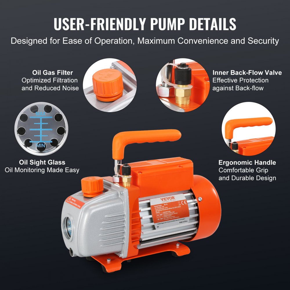 Pompa próżniowa VEVOR 100 l/min, jednostopniowa, 220 V/50 Hz, 1440 obr./min, 800–4000 PSI (55–276 barów), pojemność oleju 250 ml, zestaw manometrów do kolektora próżniowego do klimatyzacji i samochodowych układów chłodzenia