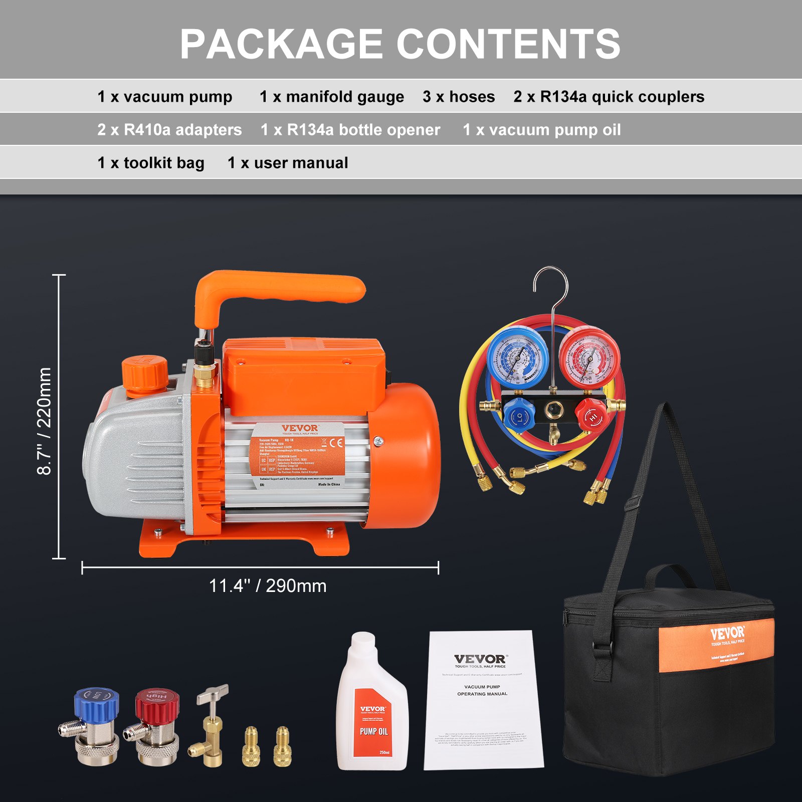 Pompa próżniowa VEVOR 100 l/min, jednostopniowa, 220 V/50 Hz, 1440 obr./min, 800–4000 PSI (55–276 barów), pojemność oleju 250 ml, zestaw manometrów do kolektora próżniowego do klimatyzacji i samochodowych układów chłodzenia