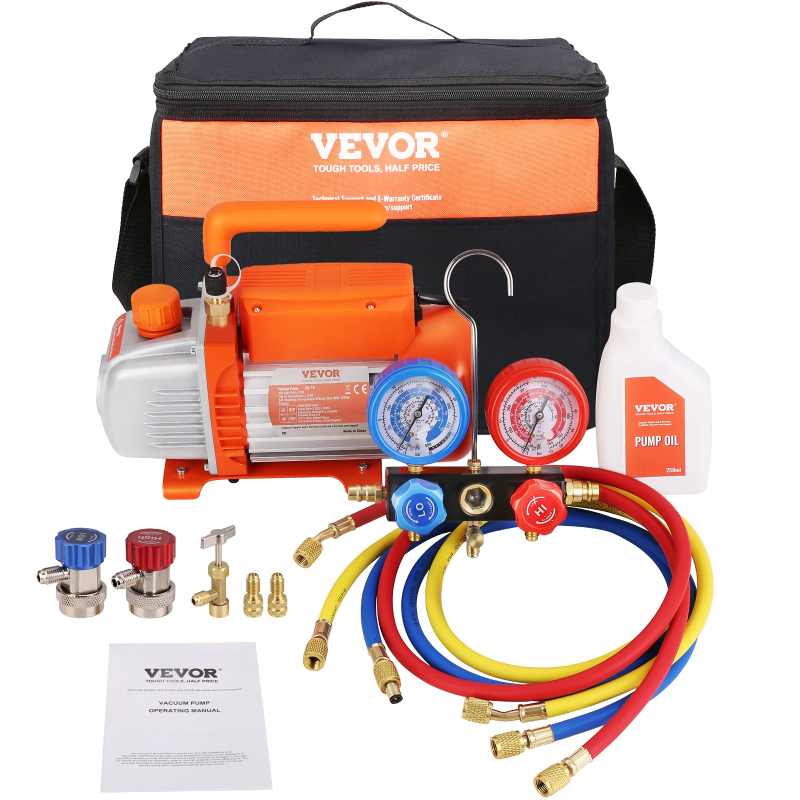 Pompa próżniowa VEVOR 100 l/min, jednostopniowa, 220 V/50 Hz, 1440 obr./min, 800–4000 PSI (55–276 barów), pojemność oleju 250 ml, zestaw manometrów do kolektora próżniowego do klimatyzacji i samochodowych układów chłodzenia