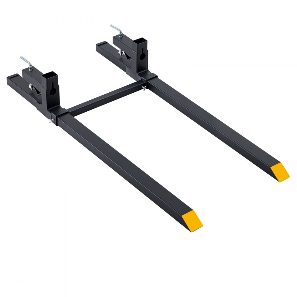Widły paletowe zaciskowe VEVOR, zęby 1524 mm, udźwig 907 kg, widły do ​​ładowarek ciągnikowych i kompaktowych, konstrukcja stalowa, regulowany stabilizator 500-915 mm, żółte końcówki