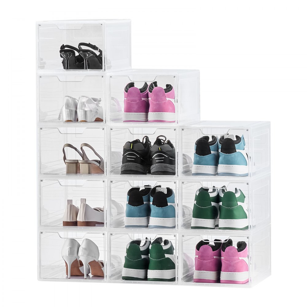 VEVOR Shoe Storage Boxes, 12 Pack Clear Stackable Shoe Boxes Storage Organizers with Magnetic Door, Fit up to US Size 13, Plastic Sneaker Containers for High Heels, Boots, and Hats, Transparent White