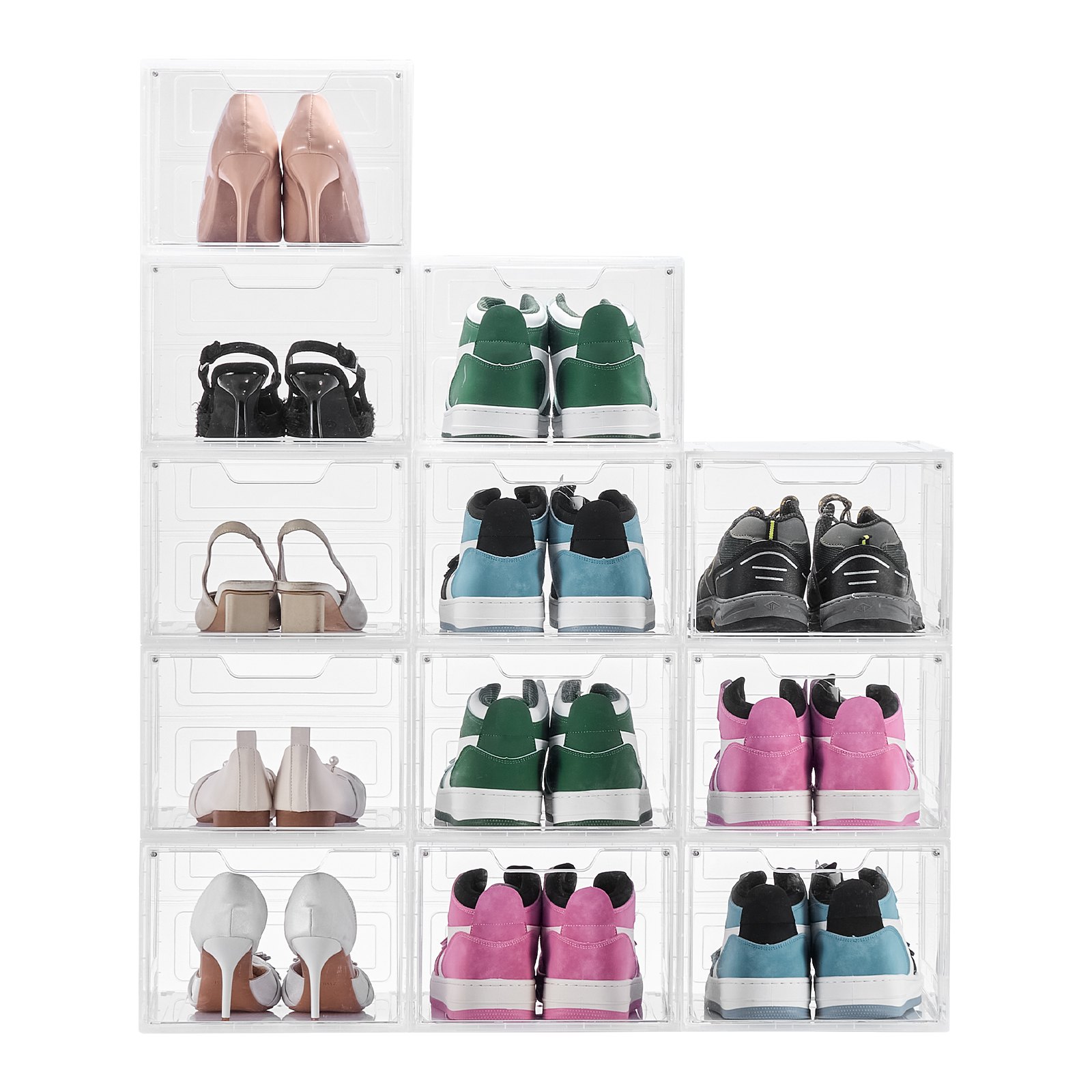VEVOR Shoe Storage Boxes, 12 Pack Clear Stackable Shoe Boxes Storage Organizers with Magnetic Door, Fit up to US Size 13, Plastic Sneaker Containers for High Heels, Boots, and Hats, Transparent White