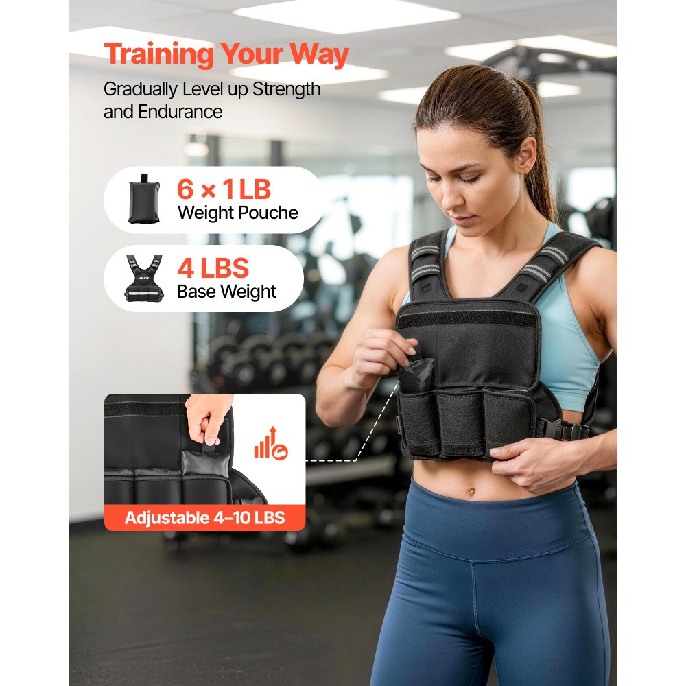 VEVOR Regulowana kamizelka obciążeniowa z 6 workami obciążeniowymi po 0,5 kg do treningu indywidualnego, kamizelka fitness w kształcie litery X z odblaskowymi paskami i klamrami do treningu siłowego, biegania i joggingu, czarna