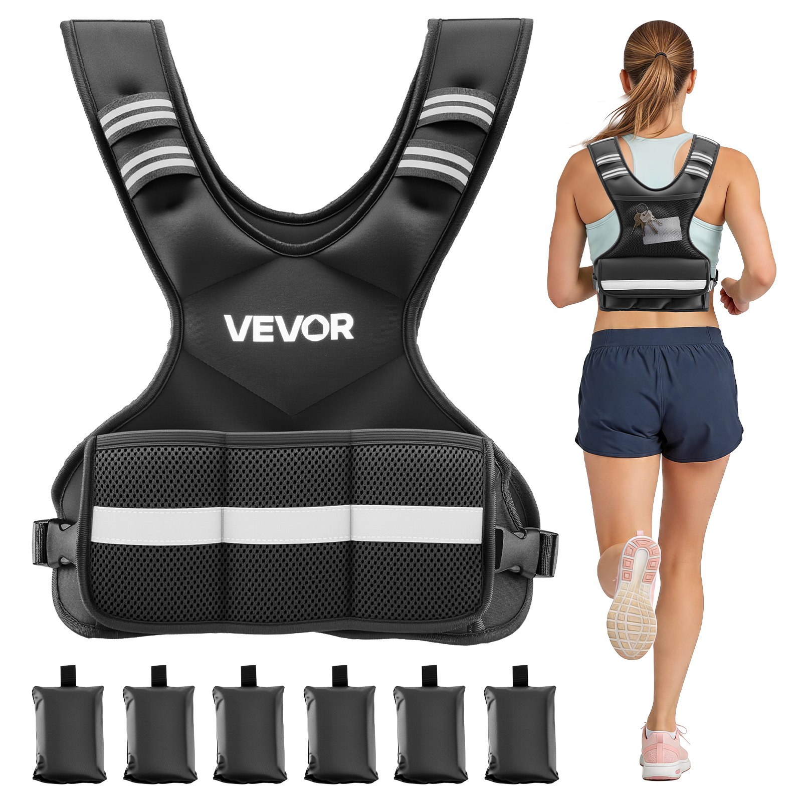 VEVOR Regulowana kamizelka obciążeniowa z 6 workami obciążeniowymi po 0,5 kg do treningu indywidualnego, kamizelka fitness w kształcie litery X z odblaskowymi paskami i klamrami do treningu siłowego, biegania i joggingu, czarna