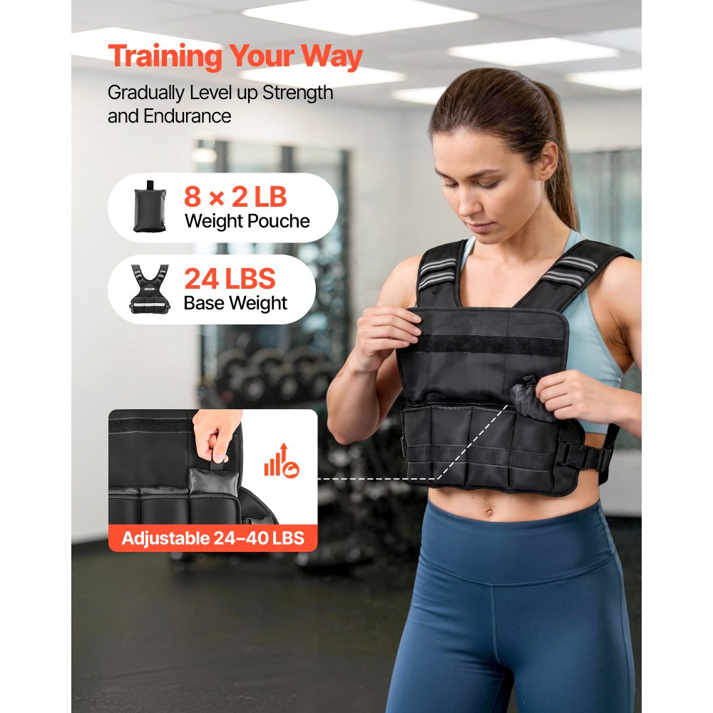 VEVOR Regulowana kamizelka obciążeniowa z 8 workami obciążeniowymi po 2 funty do treningu indywidualnego, kamizelka fitness w kształcie litery X z odblaskowymi paskami i paskami z klamrami do treningu siłowego, biegania i joggingu, czarna