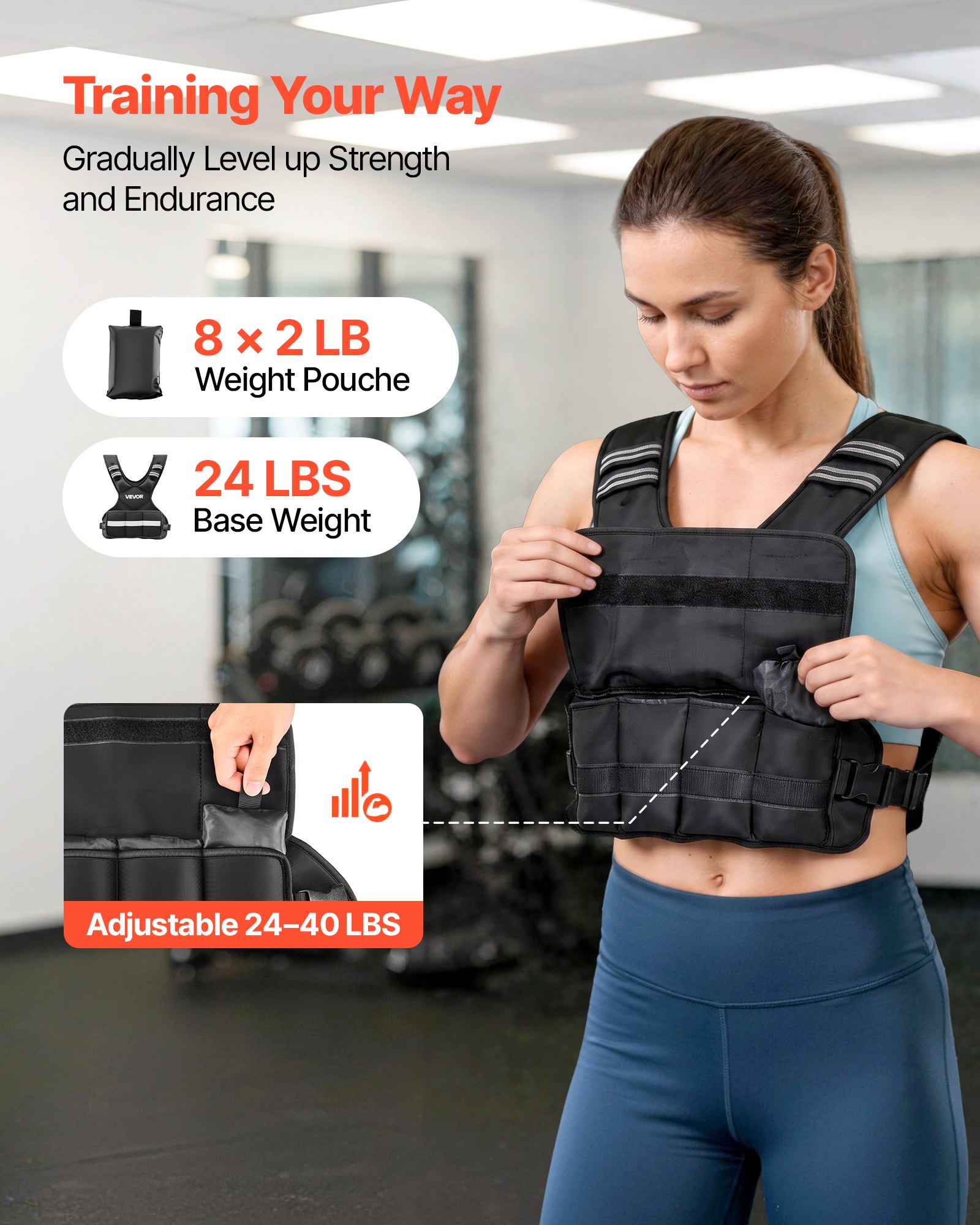 VEVOR Regulowana kamizelka obciążeniowa z 8 workami obciążeniowymi po 2 funty do treningu indywidualnego, kamizelka fitness w kształcie litery X z odblaskowymi paskami i paskami z klamrami do treningu siłowego, biegania i joggingu, czarna