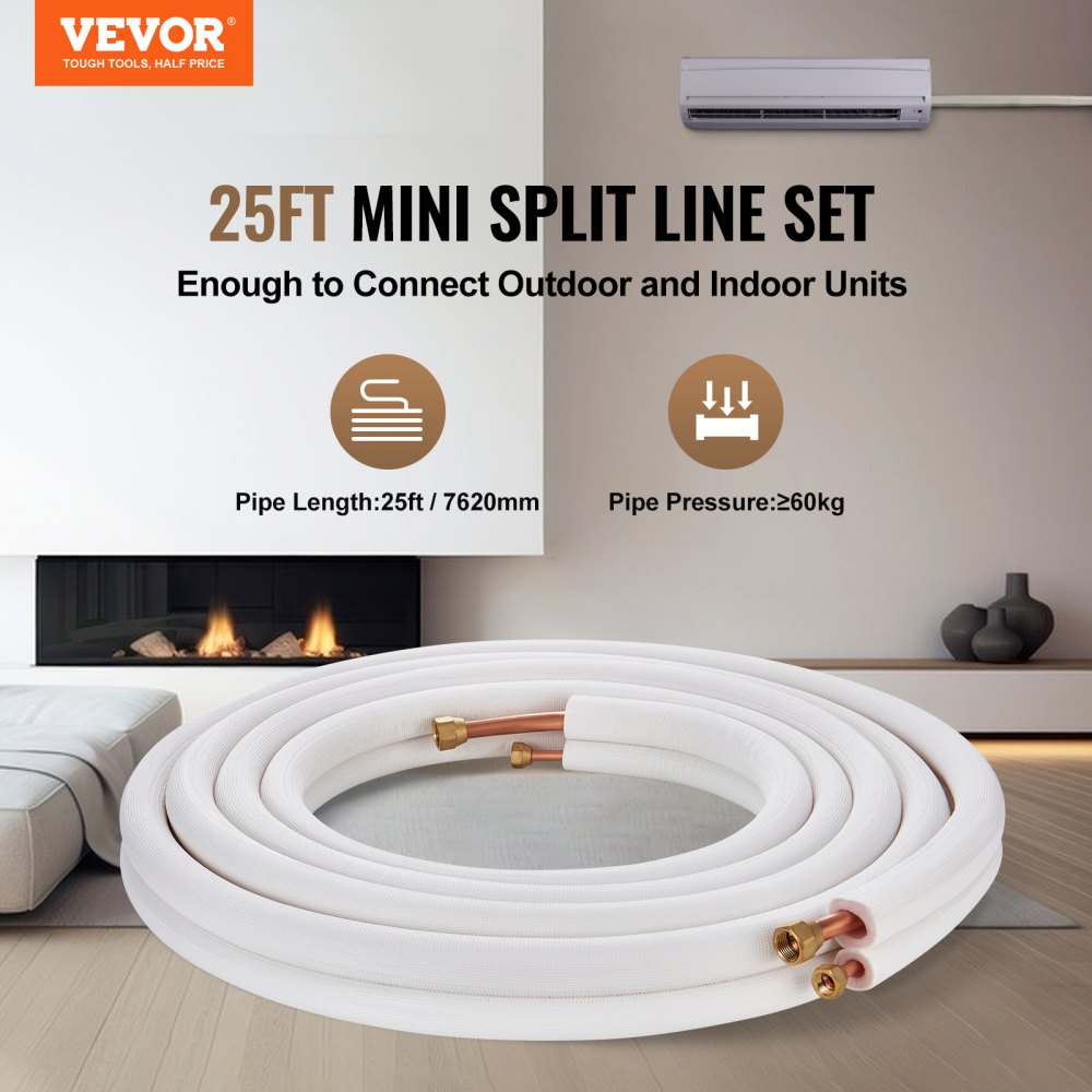 Zestaw rur VEVOR 25FT Mini-Split, rury miedziane o średnicy zewnętrznej 1/4 cala i 3/8 cala oraz potrójna izolacja, do klimatyzatorów typu mini-split, urządzeń chłodniczych lub pomp ciepła i systemów HVAC z