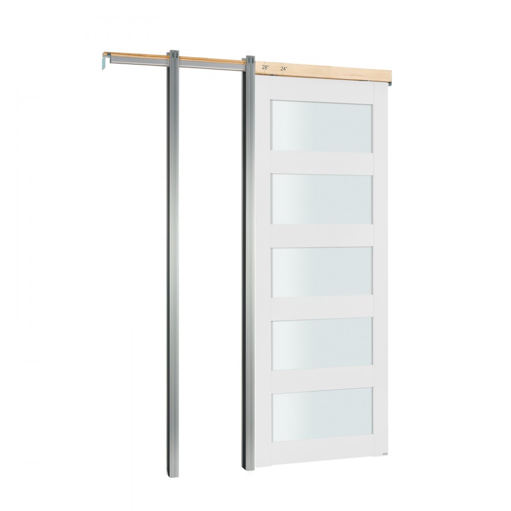 Drzwi przesuwne VEVOR (915 x 2035 mm) 5-częściowe, pojedyncze drzwi przesuwne ze szkła matowego z zestawem okuć, panel drzwi przesuwnych z litego drewna i płyty MDF z wodoodporną powierzchnią do sypialni, kuchni i biura domowego