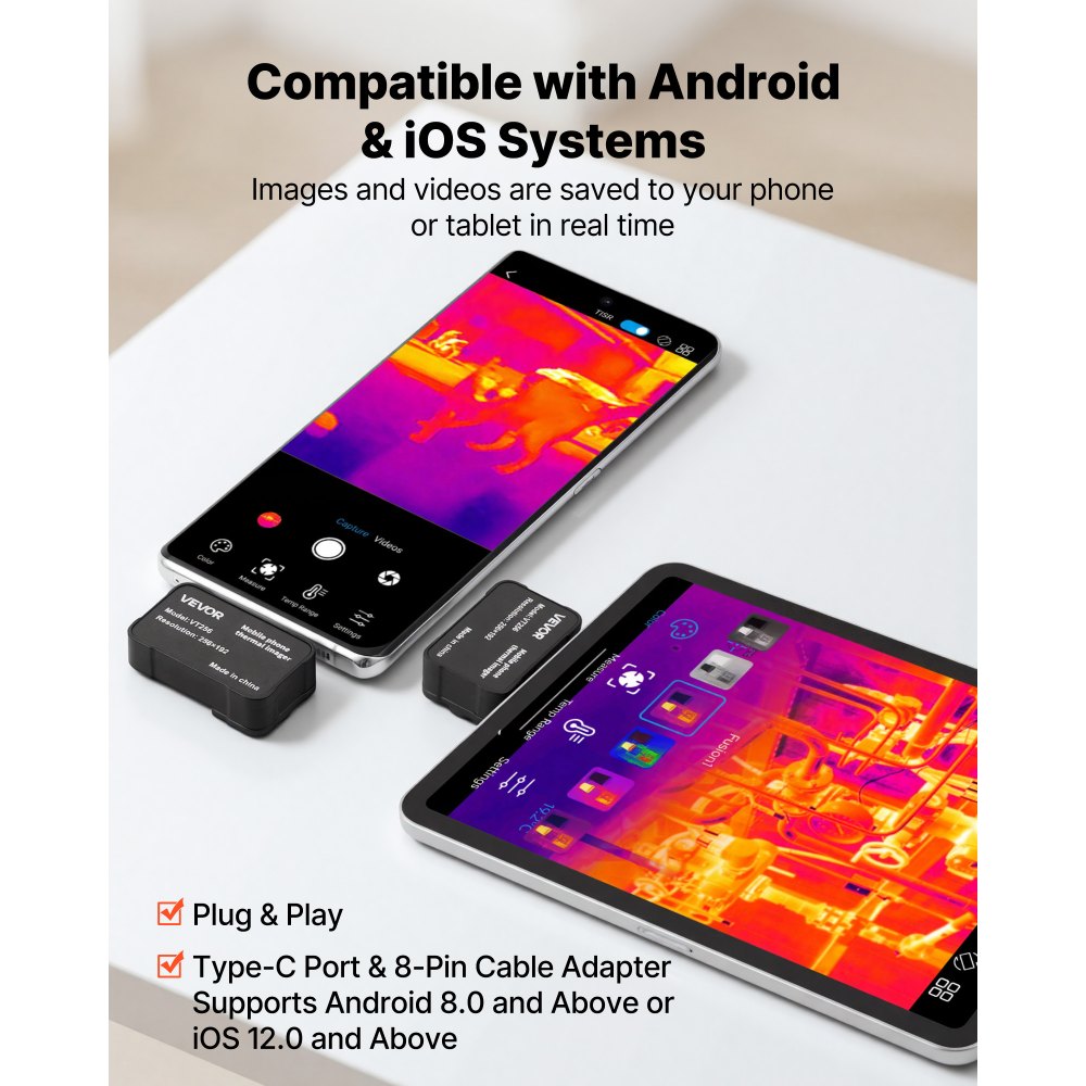 Kamera termowizyjna VEVOR dla systemów iOS i Android, rozdzielczość 512x384 Super IR i 256x192 IR, z obiektywem makro do smartfonów i tabletów ze złączem USB-C, 25 Hz, kamera na podczerwień do inspekcji w zakresie od -20°C do 550°C
