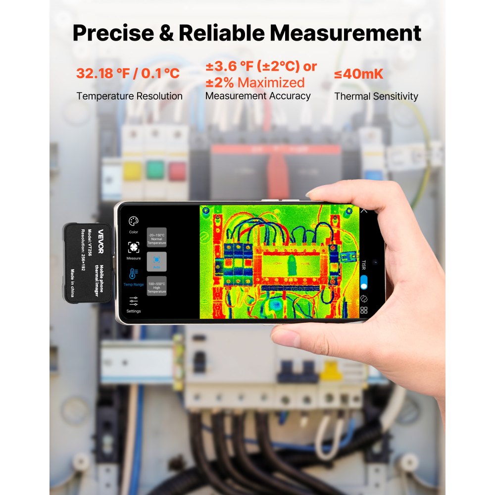 Kamera termowizyjna VEVOR dla systemów iOS i Android, rozdzielczość 512x384 Super IR i 256x192 IR, z obiektywem makro do smartfonów i tabletów ze złączem USB-C, 25 Hz, kamera na podczerwień do inspekcji w zakresie od -20°C do 550°C