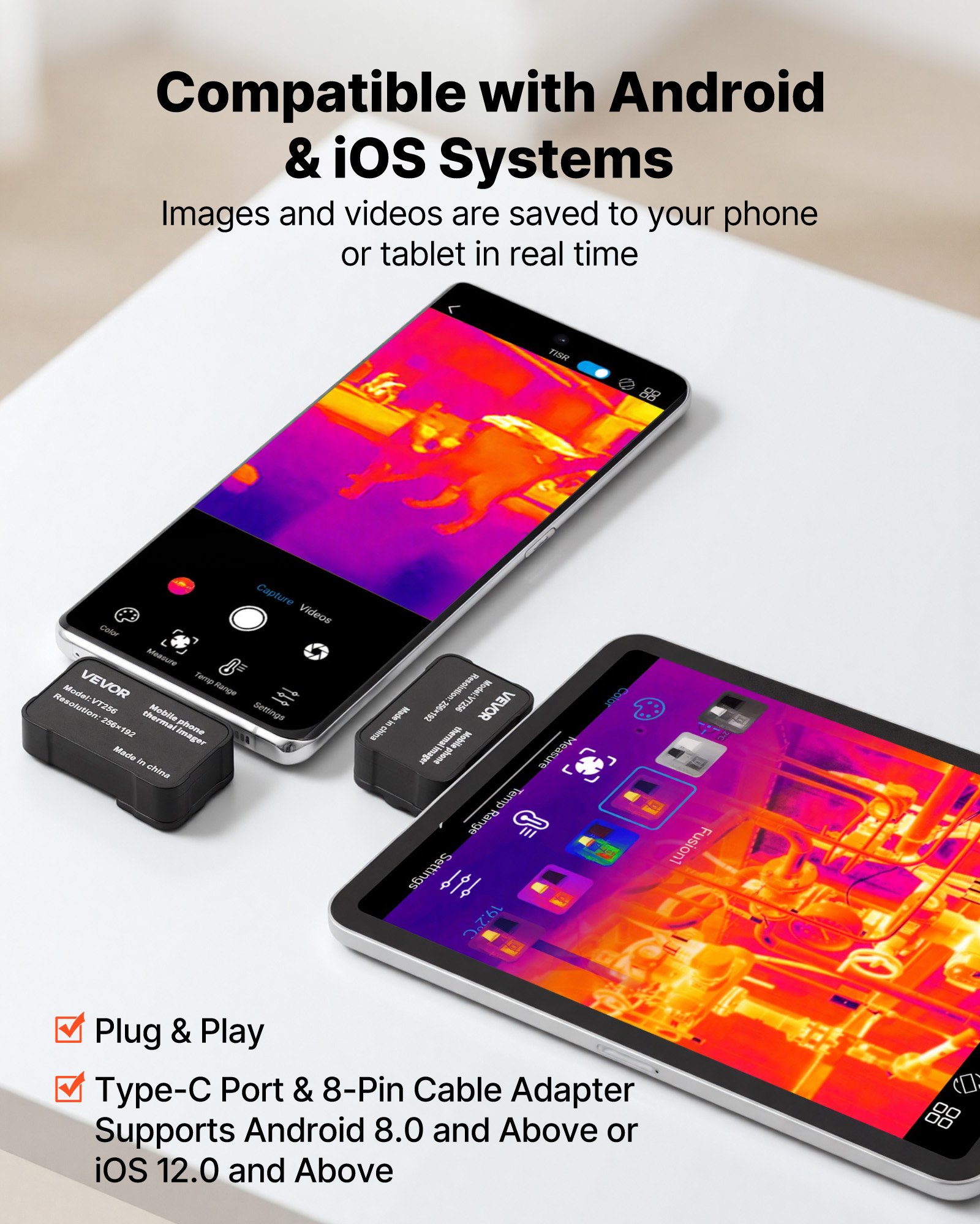 Kamera termowizyjna VEVOR dla systemów iOS i Android, rozdzielczość 512x384 Super IR i 256x192 IR, z obiektywem makro do smartfonów i tabletów ze złączem USB-C, 25 Hz, kamera na podczerwień do inspekcji w zakresie od -20°C do 550°C