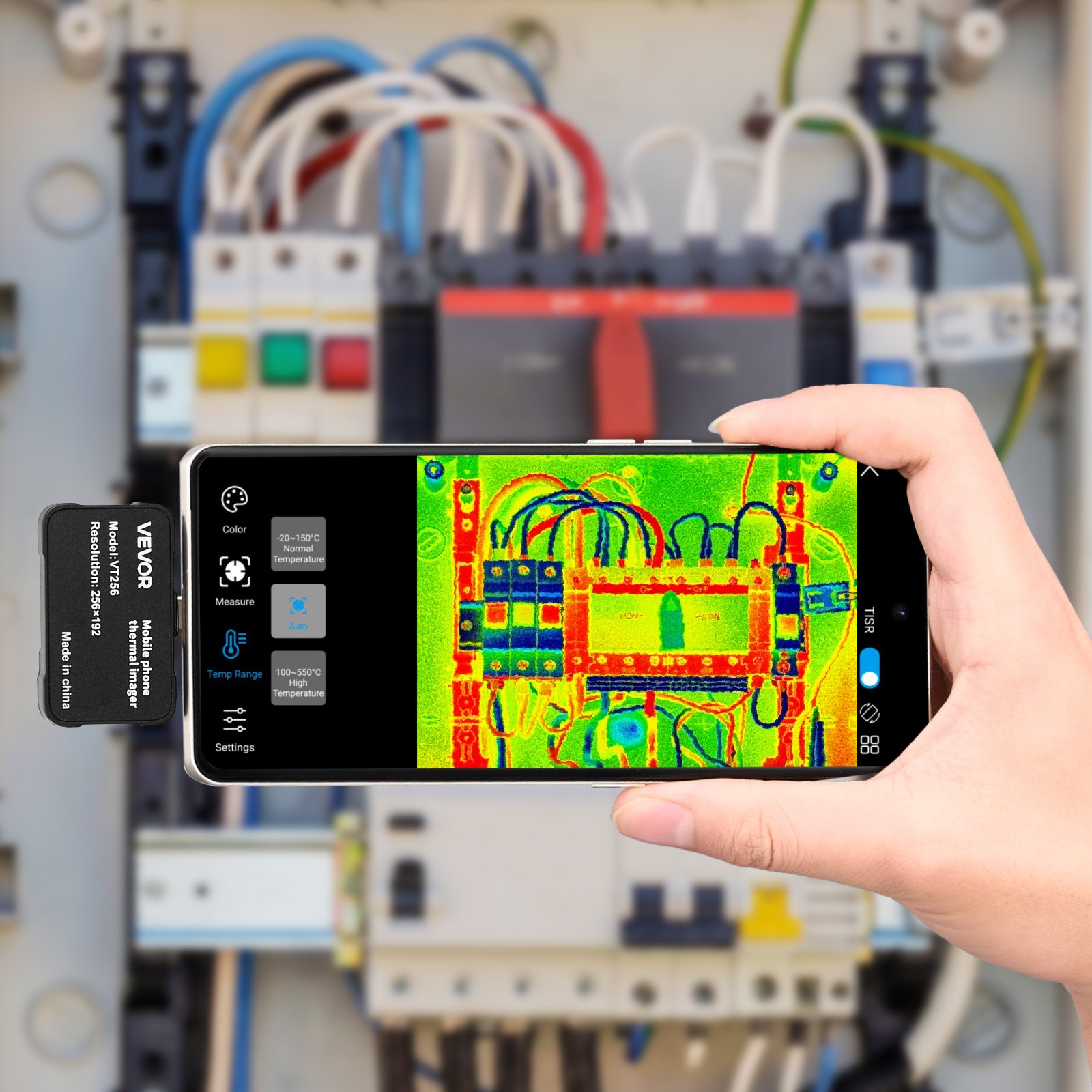 Kamera termowizyjna VEVOR dla systemów iOS i Android, rozdzielczość 512x384 Super IR i 256x192 IR, z obiektywem makro do smartfonów i tabletów ze złączem USB-C, 25 Hz, kamera na podczerwień do inspekcji w zakresie od -20°C do 550°C