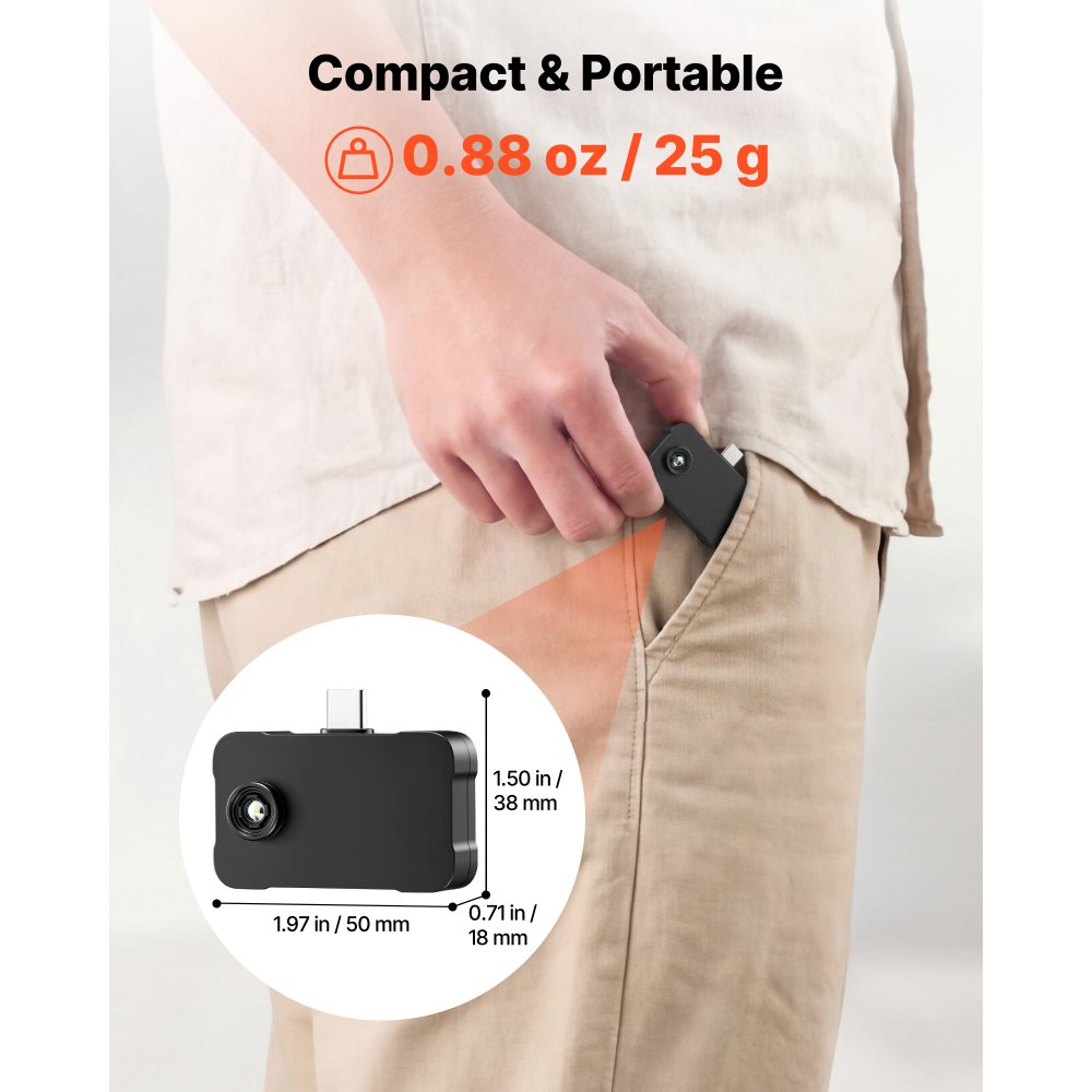 Kamera termowizyjna VEVOR do systemów iOS i Android, rozdzielczość 512x384 Super IR i 256x192 IR, kamera termowizyjna do smartfonów i tabletów ze złączem USB-C, kamera na podczerwień 25 Hz z 6 paletami kolorów do inspekcji w temperaturze od -20°C do 550°C