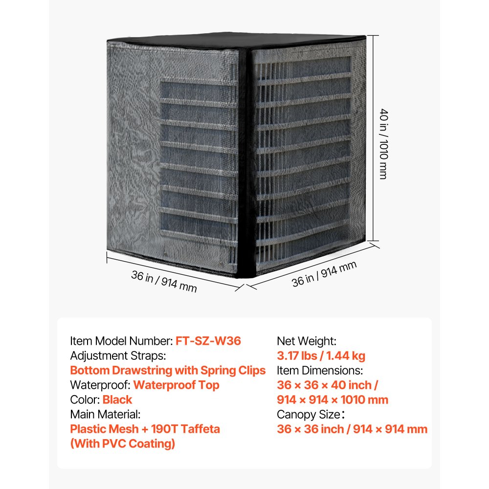 Pokrowiec na klimatyzator VEVOR, 914 x 914 x 1010 mm, dwuwarstwowy, zdejmowany dach, wodoodporny poliester, uniwersalny ochraniacz HVAC do klimatyzatorów zewnętrznych, czarny