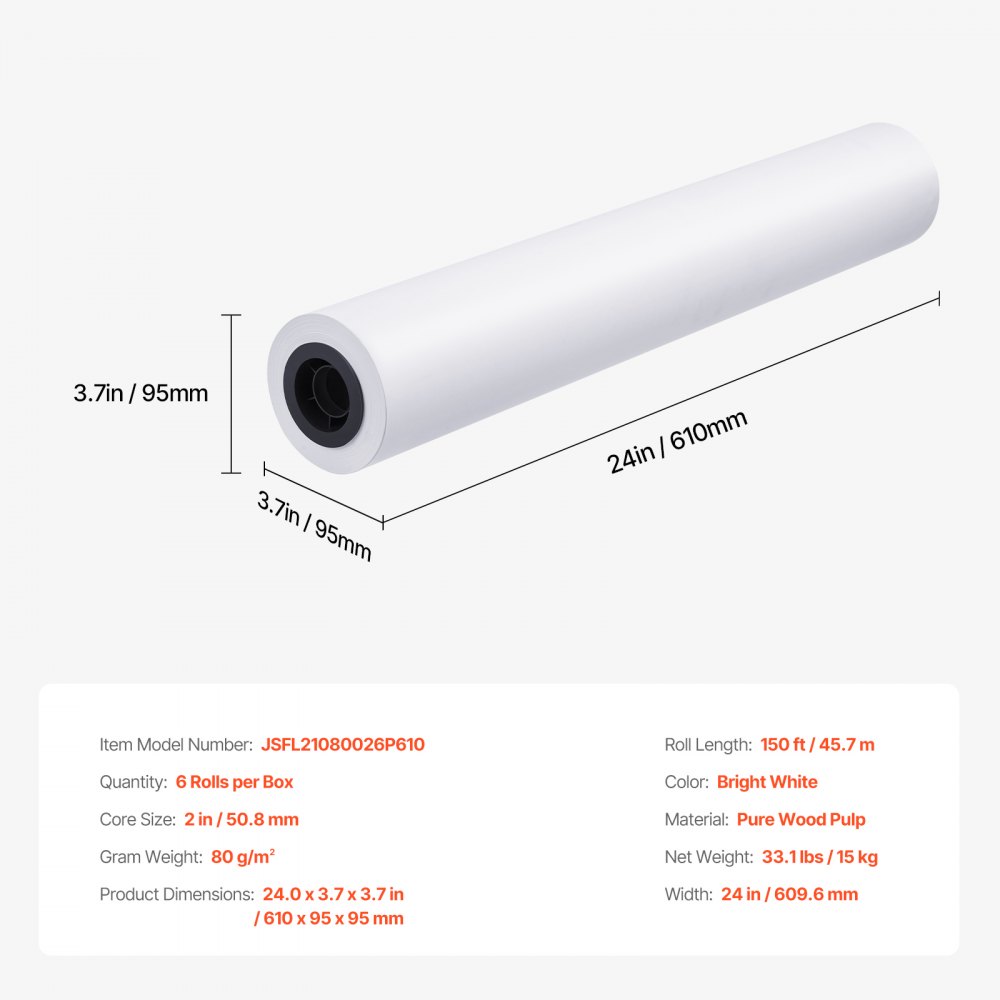Papier do plotera wielkoformatowego VEVOR 45,7 m x 61 cm 6 rolek CAD Bond Rolls z rdzeniem 50,8 mm, rolki rysunkowe do rysunków CAD, planów technicznych, map GIS i projektów architektonicznych
