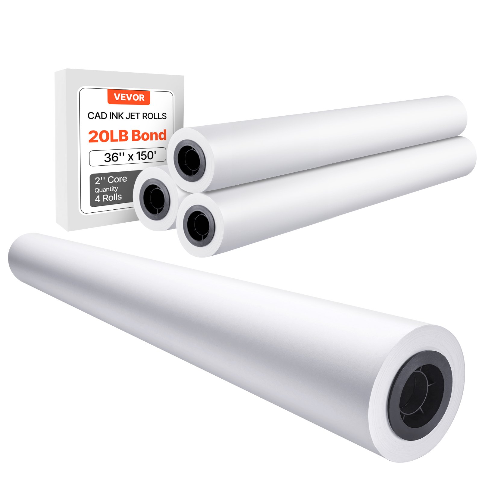 Papier do plotera wielkoformatowego VEVOR 45,7 m x 915 mm 4 rolki CAD Bond Rolls z rdzeniem 50,8 mm, rolki rysunkowe do rysunków CAD, planów technicznych, map GIS i projektów architektonicznych, białe