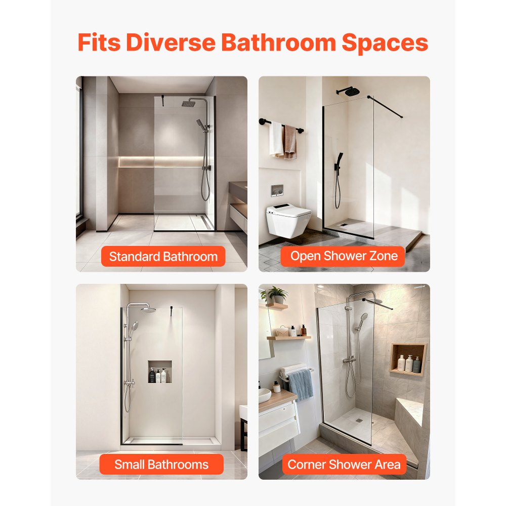 VEVOR stała szklana ścianka prysznicowa (864 x 1870 mm), półramkowa, grubość 8 mm, drzwi z przezroczystego szkła bezpiecznego z uszczelką dolną i okuciami, ścianka działowa do łazienki, matowa czerń