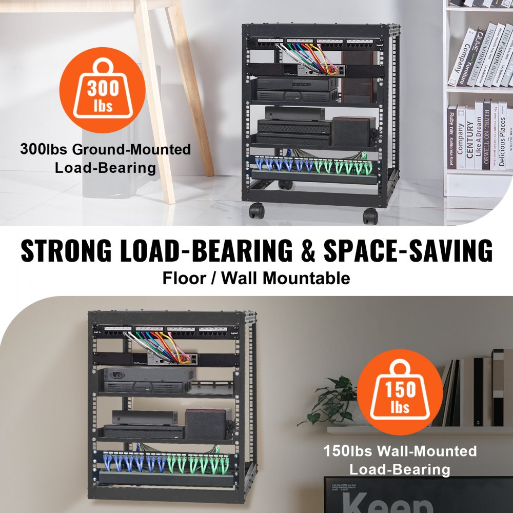 VEVOR 12U Open Frame Server Rack, 15-40" Regulowana głębokość, wolnostojąca/do montażu na ścianie, 4-słupkowa szafa AV z kółkami do wszystkich urządzeń sieciowych IT, sprzęt AV