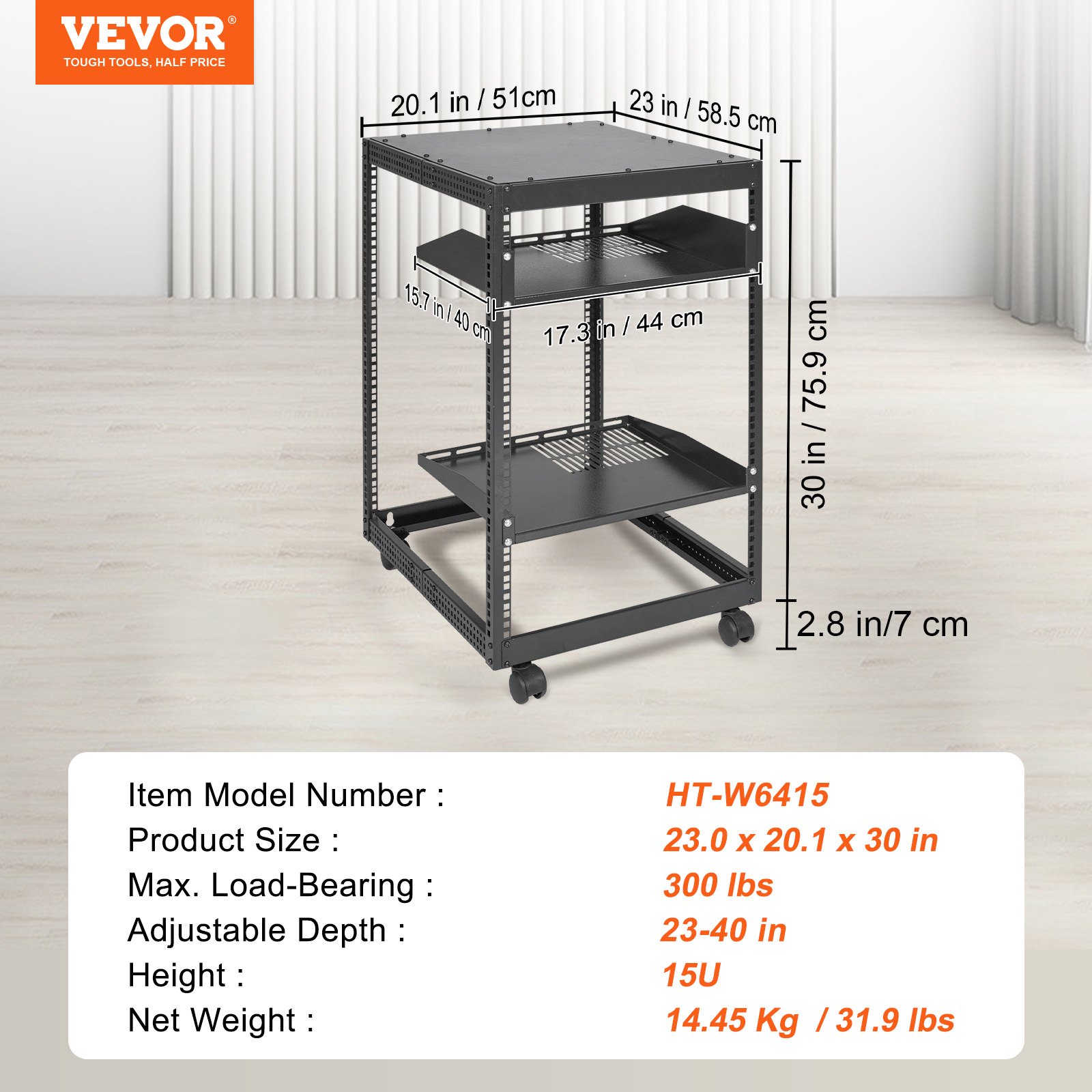 VEVOR 15U Open Frame Server Rack, 15"-40" Adjustable Depth, Freestanding or Wall-Mounted Network Server Rack, 4-Post AV Rack with Casters, Provides Space for Your Entire Network IT