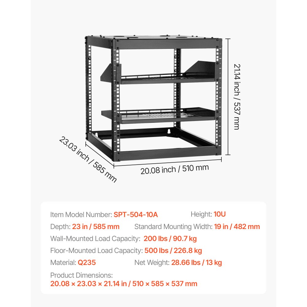 VEVOR 10U Open Frame Network Rack, 585 mm Depth, Wall Mounted or Floor Standing Server Rack, Heavy Duty 4 Post, with Vented Shelves & Mounting Hardware, Holds All Your Networking IT Equipment AV Gear