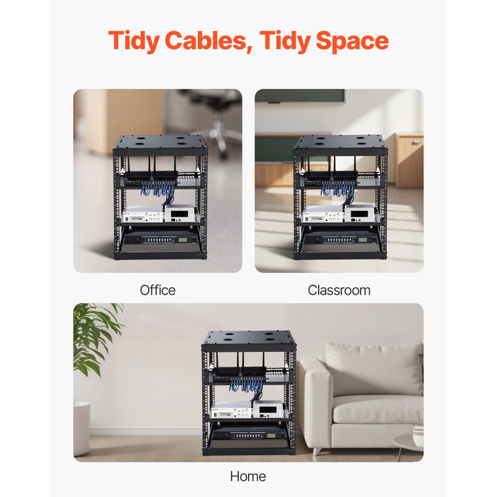 Szafa sieciowa VEVOR 12U Open Frame, głębokość 585 mm, do montażu na ścianie lub jako szafa serwerowa stojąca na podłodze, konstrukcja 4-słupkowa, z wentylowanymi półkami i akcesoriami montażowymi, do sprzętu sieciowego IT i sprzętu AV