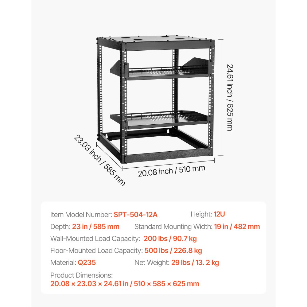 VEVOR Szafa sieciowa 12U Open Frame, głębokość 585 mm, do montażu na ścianie lub jako szafa serwerowa stojąca na podłodze, konstrukcja 4-słupkowa, z wentylowanymi półkami i akcesoriami montażowymi, do sprzętu sieciowego IT i sprzętu AV