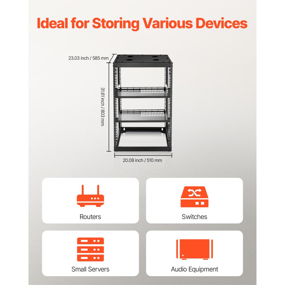 VEVOR 16U Open Frame Network Rack, 585 mm Depth, Wall Mounted or Floor Standing Server Rack, Heavy Duty 4 Post, with Vented Shelves & Mounting Hardware, Holds All Your Networking IT Equipment AV Gear