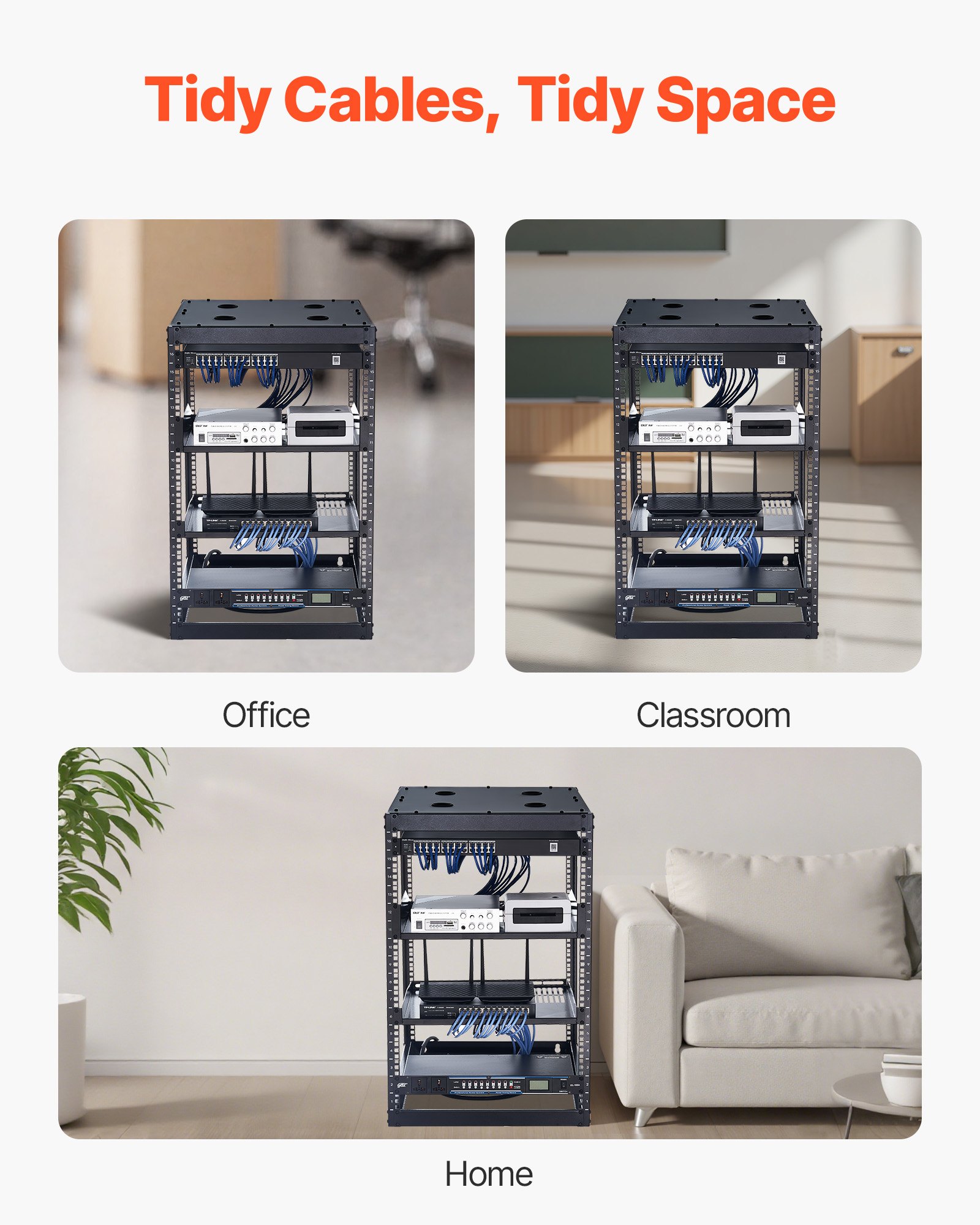 VEVOR 16U Open Frame Network Rack, 585 mm Depth, Wall Mounted or Floor Standing Server Rack, Heavy Duty 4 Post, with Vented Shelves & Mounting Hardware, Holds All Your Networking IT Equipment AV Gear