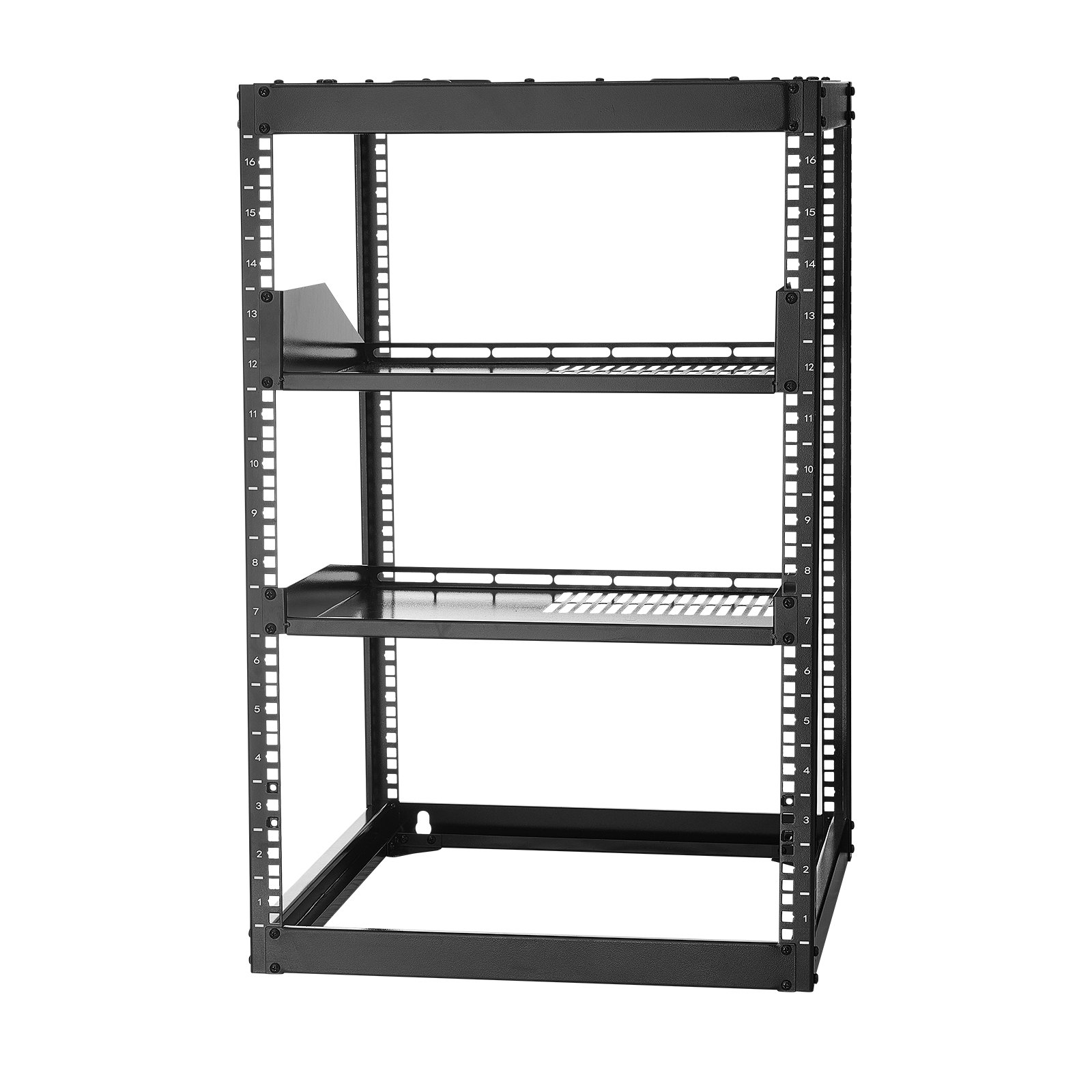 VEVOR 16U Open Frame Network Rack, 585 mm Depth, Wall Mounted or Floor Standing Server Rack, Heavy Duty 4 Post, with Vented Shelves & Mounting Hardware, Holds All Your Networking IT Equipment AV Gear