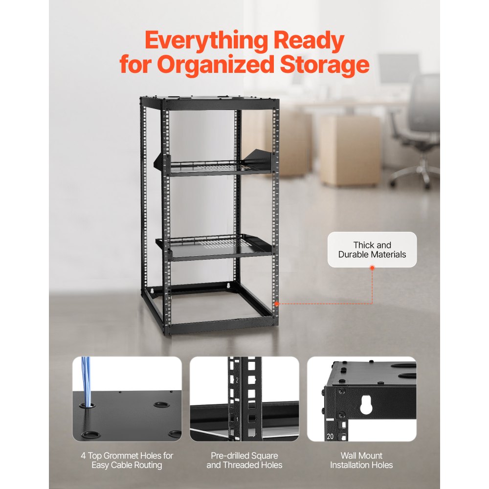 VEVOR 20U Open Frame Network Rack, 585 mm Depth, Wall Mounted or Floor Standing Server Rack, Heavy Duty 4 Post, with Vented Shelves & Mounting Hardware, Holds All Your Networking IT Equipment AV Gear