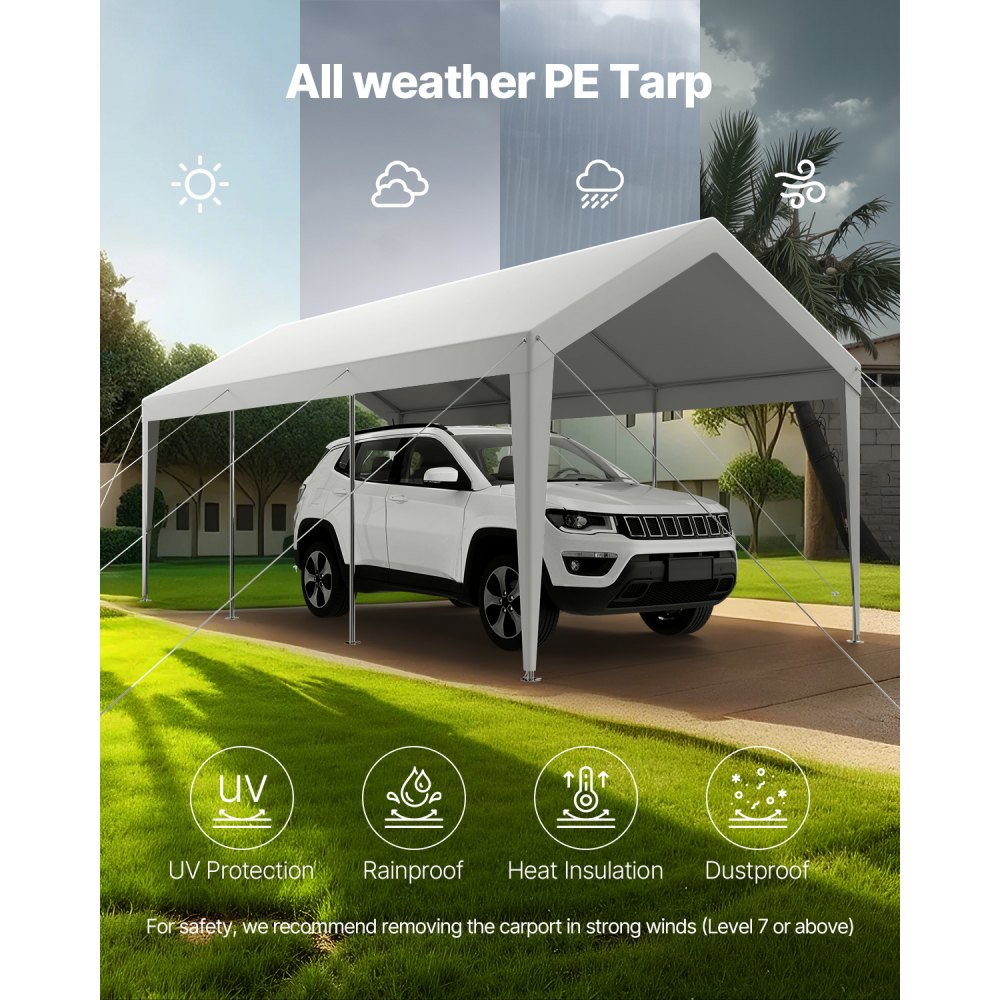 VEVOR Carport, 3,05 x 6,09 x 2,87 m, namiot garażowy, ocynkowana wiata samochodowa, odporna na promieniowanie UV, całoroczna ochrona, schowek na samochód, łódź, motocykl, biały