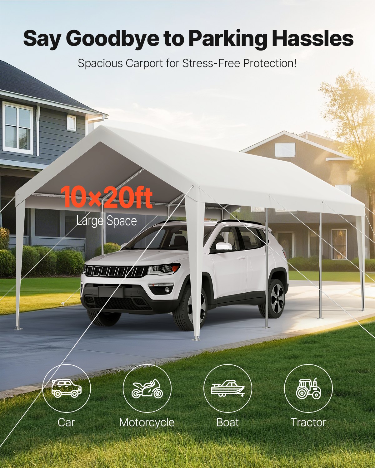 VEVOR Carport, 3,05 x 6,09 x 2,87 m, namiot garażowy, ocynkowana wiata samochodowa, odporna na promieniowanie UV, całoroczna ochrona, schowek na samochód, łódź, motocykl, biały