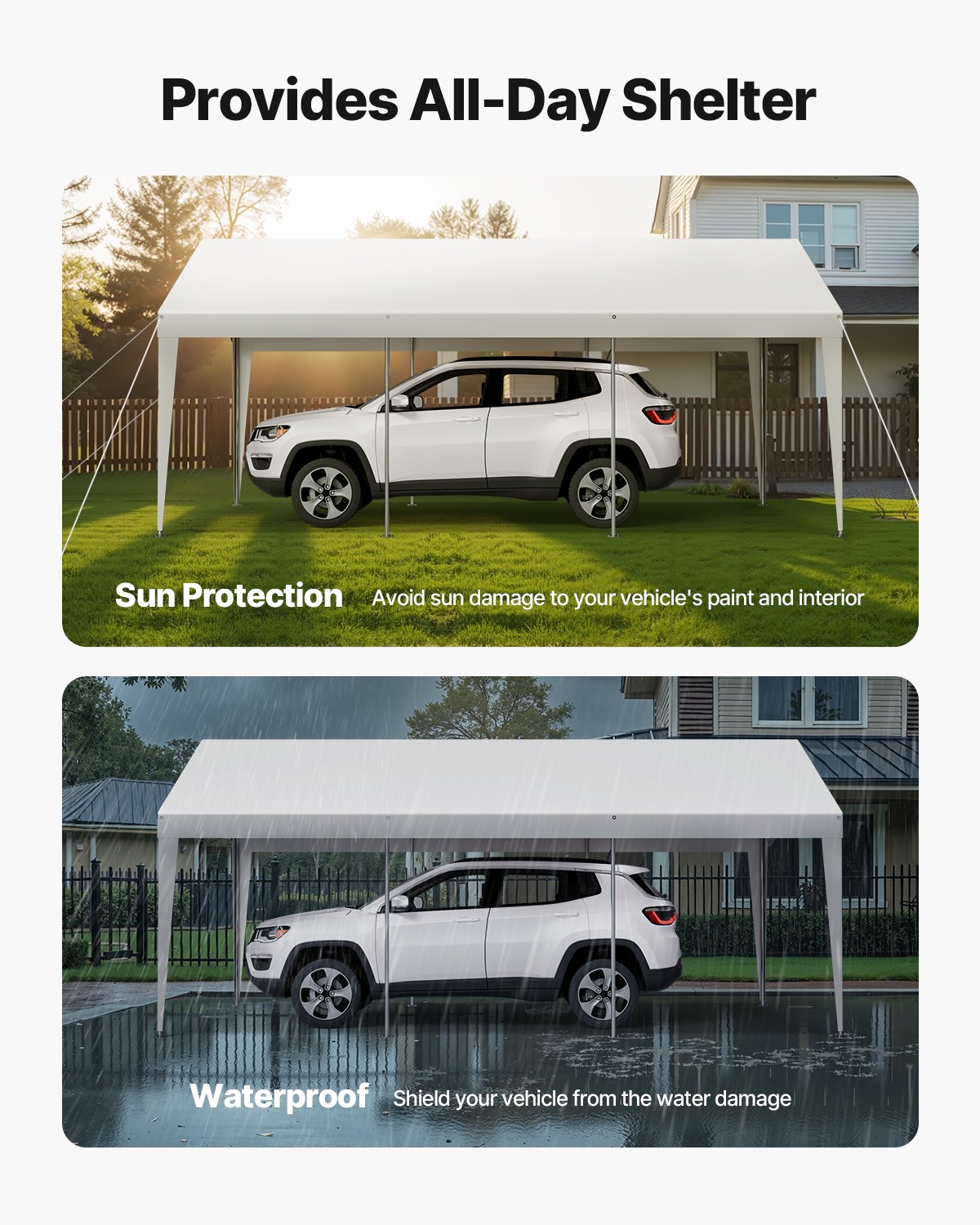 VEVOR Carport, 3,05 x 6,09 x 2,87 m, namiot garażowy, ocynkowana wiata samochodowa, odporna na promieniowanie UV, całoroczna ochrona, schowek na samochód, łódź, motocykl, biały