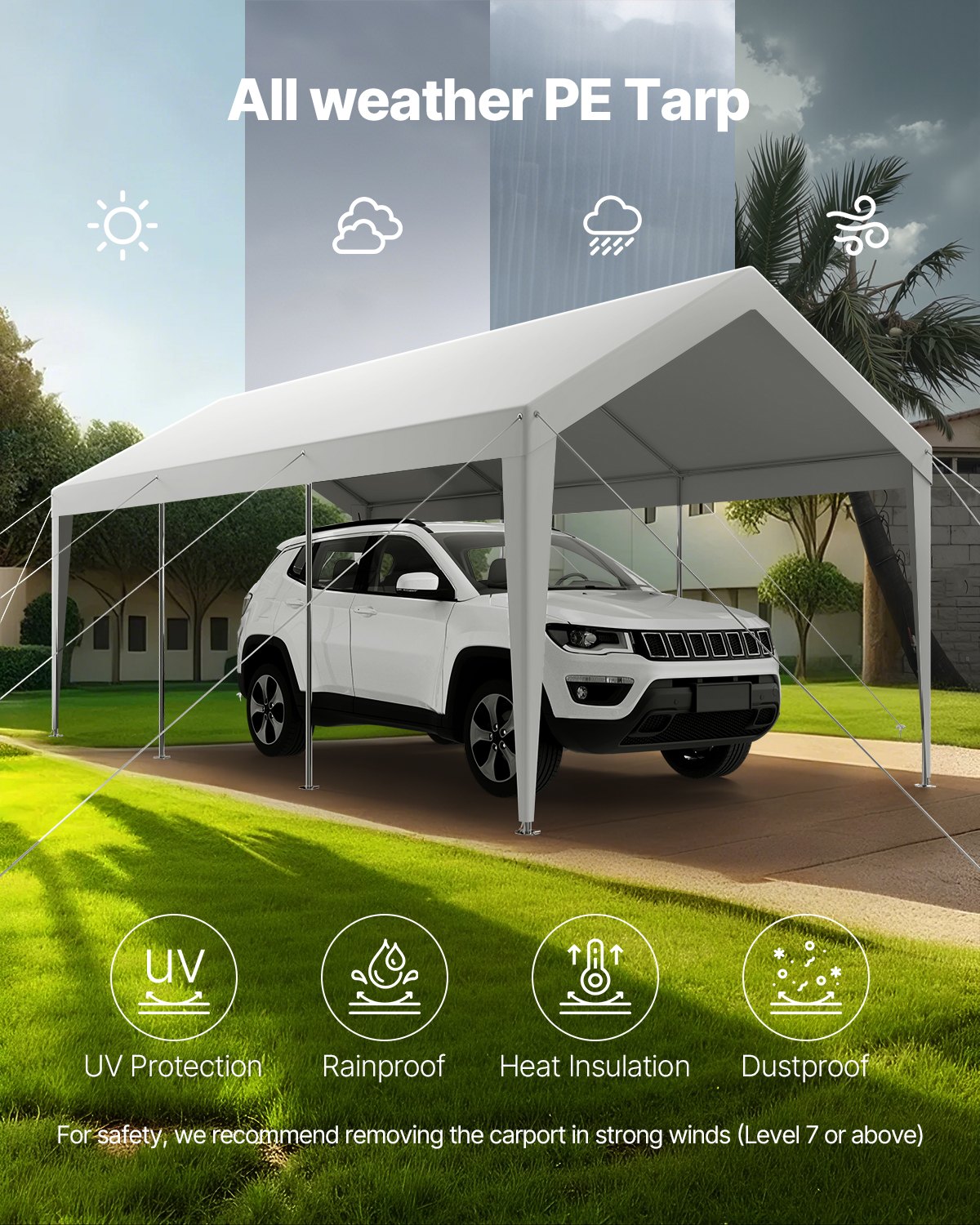 VEVOR Carport, 3,05 x 6,09 x 2,87 m, namiot garażowy, ocynkowana wiata samochodowa, odporna na promieniowanie UV, całoroczna ochrona, schowek na samochód, łódź, motocykl, biały