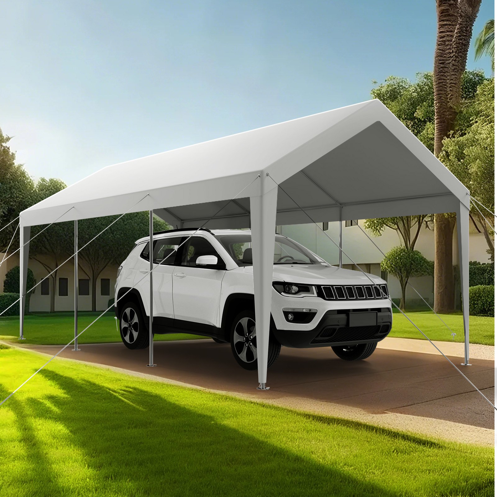 VEVOR Carport, 3,05 x 6,09 x 2,87 m, namiot garażowy, ocynkowana wiata samochodowa, odporna na promieniowanie UV, całoroczna ochrona, schowek na samochód, łódź, motocykl, biały