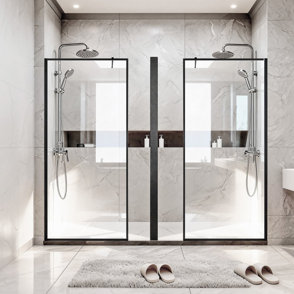 VEVOR Fixed Glass Shower Panel, 864 x 1870 mm Full-Framed Fixed Shower Screen, 8 mm Thick Clear Tempered Glass Door with Bottom Seal Strip and Hardware, Easy to Clean, for Bathroom, Matte Black