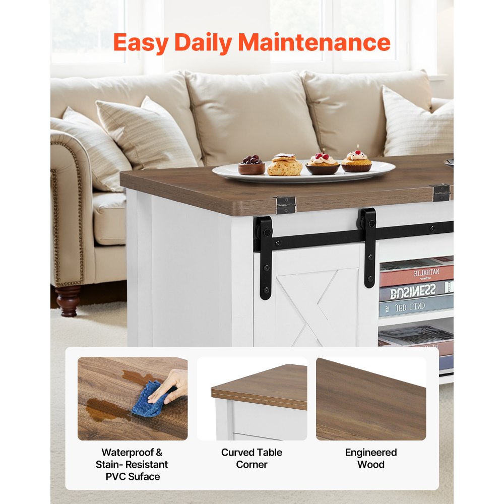 VEVOR 1000 mm Farmhouse Lift Top Coffee Table, Rustic Center Table with Barn Door and Hidden Storage Compartment, Modern Rectangle Lifting Tabletop for Living Room, Office, Home, Easy Assembly, Brown