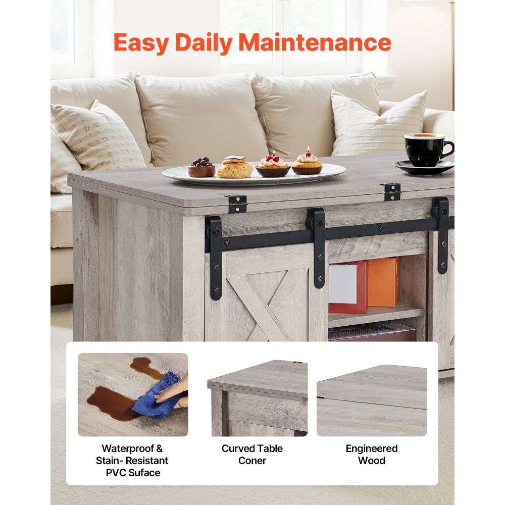 VEVOR 1000 mm Farmhouse Lift Top Coffee Table, Rustic Center Table with Barn Door and Hidden Storage Compartment, Modern Rectangle Lifting Tabletop for Living Room, Office, Home, Easy Assembly, Oak