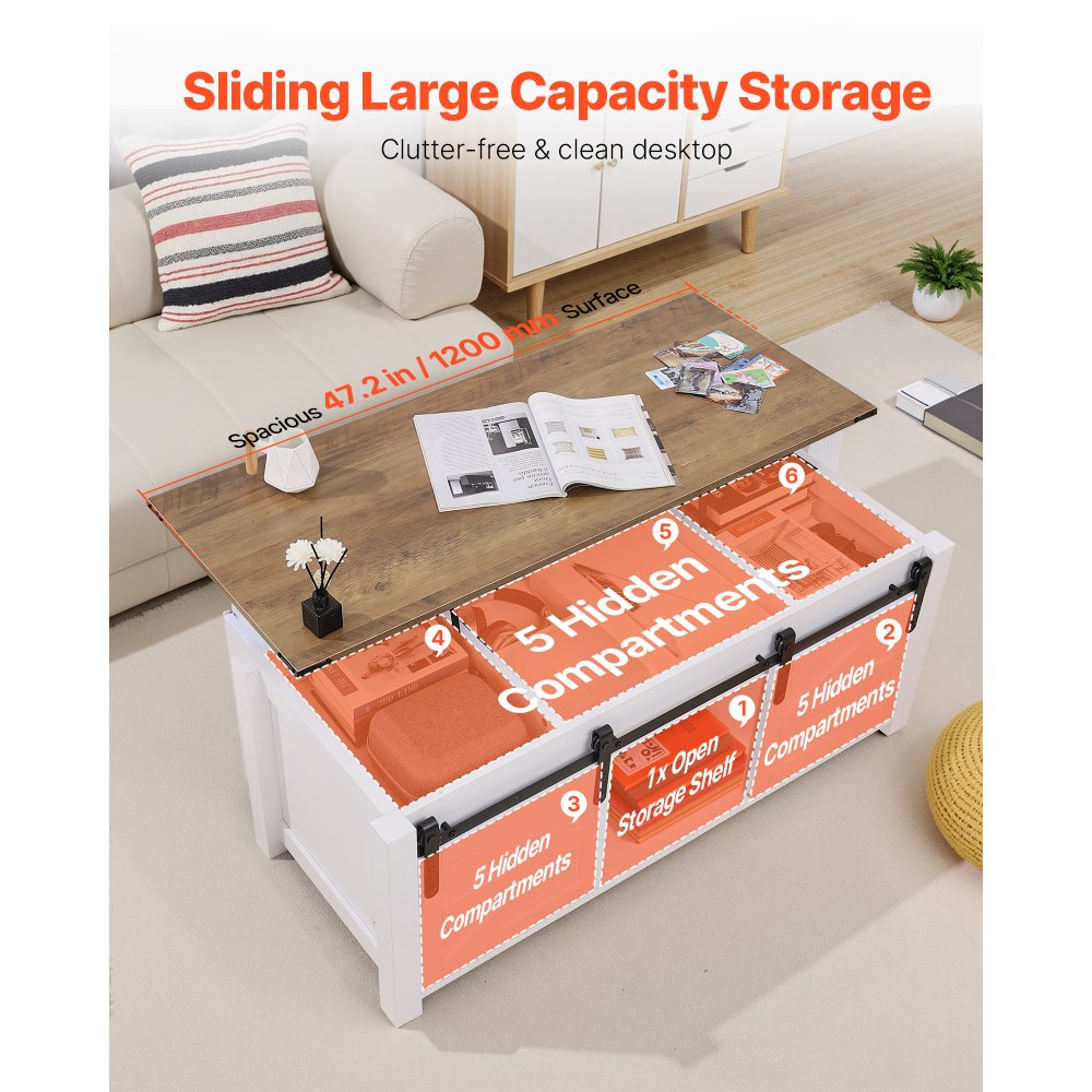 Stolik kawowy z podnoszonym blatem VEVOR 120 cm, rustykalny stolik kawowy z drzwiami stodołowymi i ukrytym schowkiem, nowoczesny prostokątny stolik z podnoszonym blatem do salonu, biura, domu, biały stolik do salonu, stolik kawowy