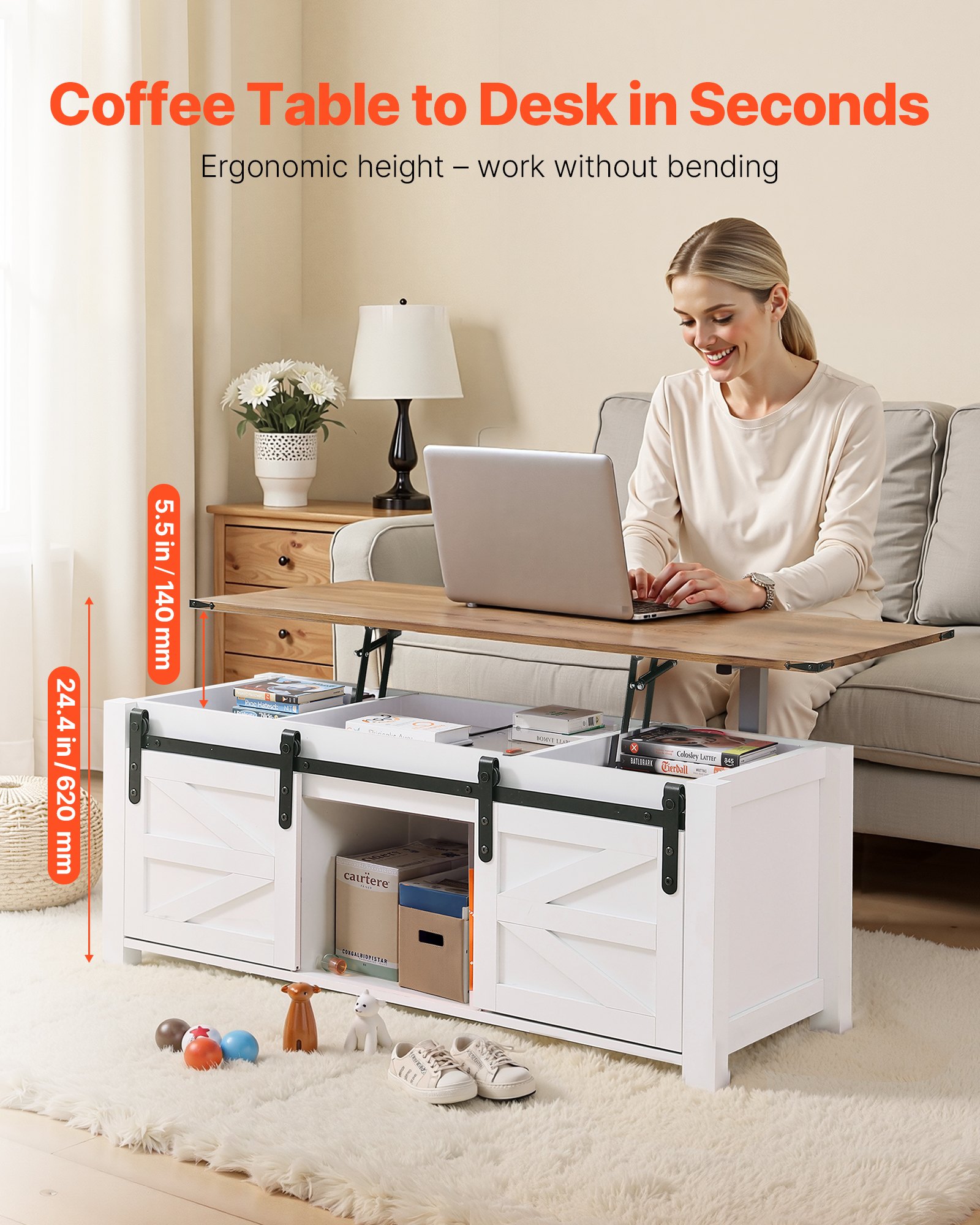 VEVOR 1200 mm Farmhouse Lift Top Coffee Table, Rustic Center Table with Barn Door and Hidden Storage Compartment, Modern Rectangle Lifting Tabletop for Living Room, Office, Home, Easy Assembly, White