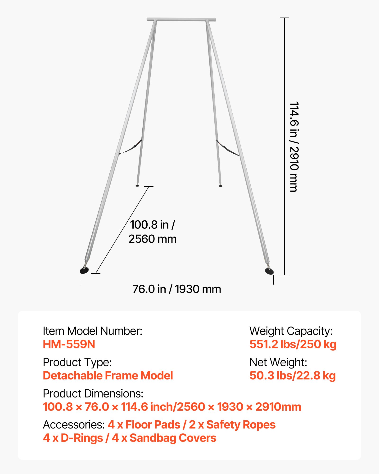 Stojak do jogi VEVOR Yoga Stand Swing (wysokość 291 cm) o maksymalnym udźwigu 250 kg, trójkątna konstrukcja, linowy zestaw do ćwiczeń powietrznych i antypoślizgowa podstawa; wielofunkcyjny stojak na hamak (sama rama)