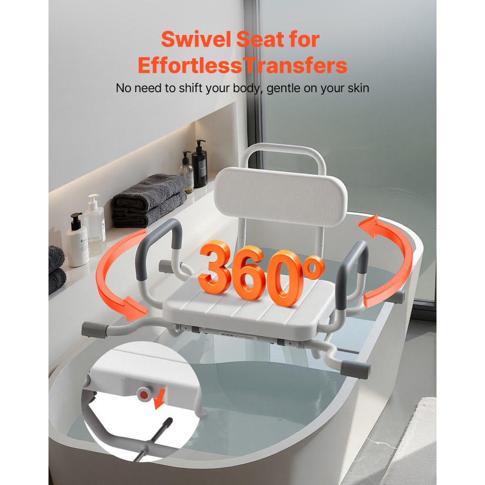 VEVOR Obrotowy fotel prysznicowy z podłokietnikami i oparciem, udźwig do 100 kg, obrotowe siedzisko do wanny, przeznaczone do kabiny prysznicowej, regulowane siedzisko do wanny dla seniorów i osób niepełnosprawnych