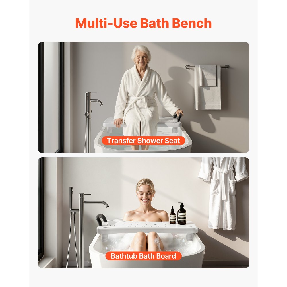 VEVOR Tub Transfer Bench with Handle, 150 kg Shower Bath Seat, Portable Bathtub Bench for 41 cm-62 cm Wide Tubs, Bath Board with Adjustable Non-Slip Feet for Adults, Seniors, Elderly and Disabled