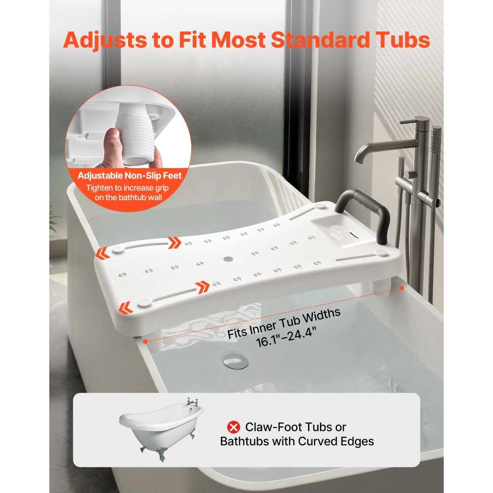VEVOR Tub Transfer Bench with Handle, 150 kg Shower Bath Seat, Portable Bathtub Bench for 41 cm-62 cm Wide Tubs, Bath Board with Adjustable Non-Slip Feet for Adults, Seniors, Elderly and Disabled