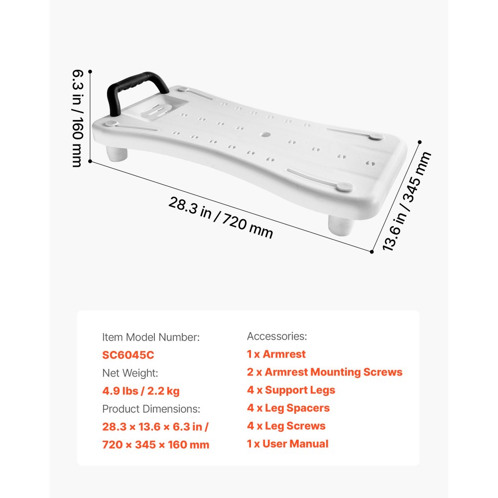 VEVOR Tub Transfer Bench with Handle, 150 kg Shower Bath Seat, Portable Bathtub Bench for 41 cm-62 cm Wide Tubs, Bath Board with Adjustable Non-Slip Feet for Adults, Seniors, Elderly and Disabled