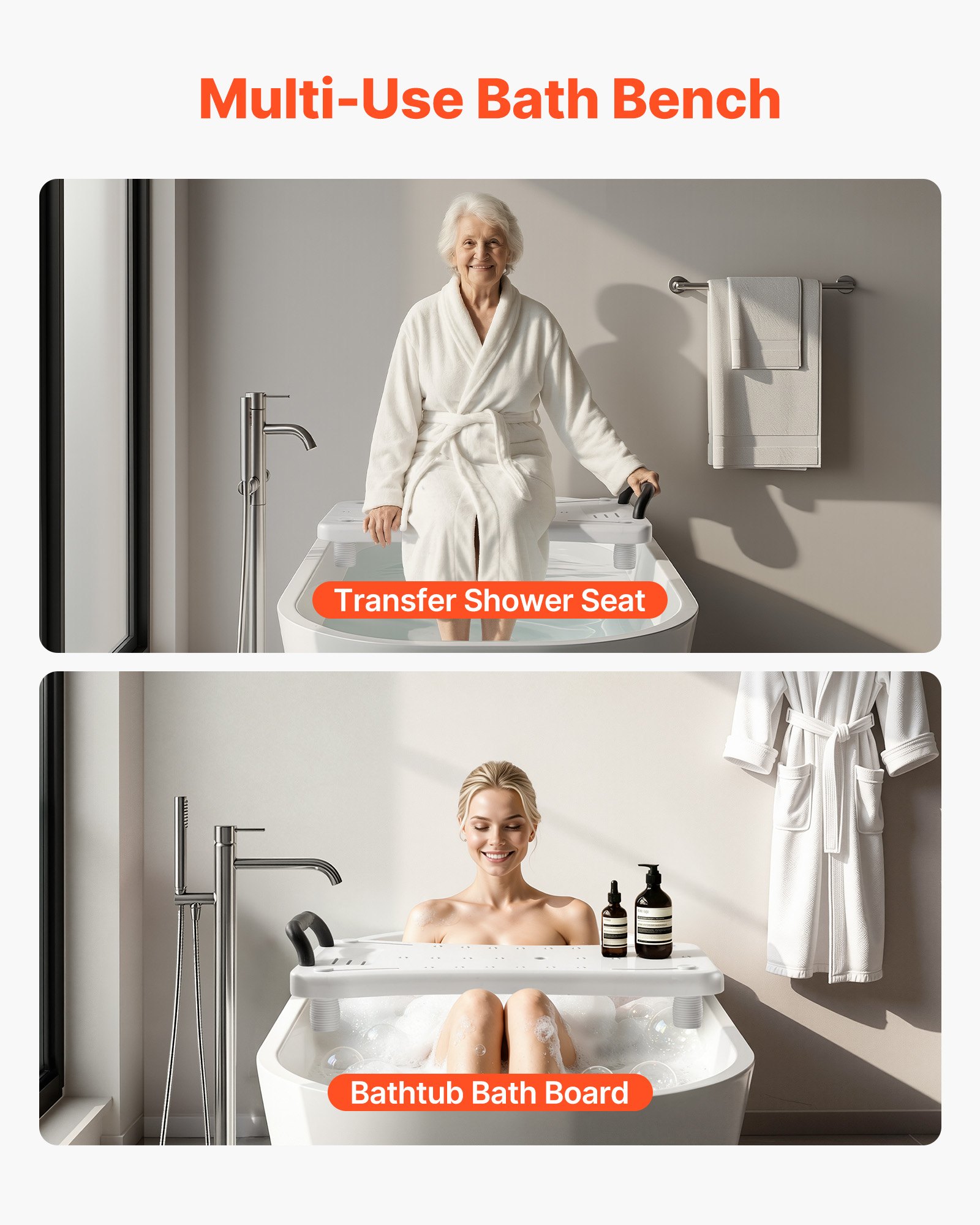 VEVOR Tub Transfer Bench with Handle, 150 kg Shower Bath Seat, Portable Bathtub Bench for 41 cm-62 cm Wide Tubs, Bath Board with Adjustable Non-Slip Feet for Adults, Seniors, Elderly and Disabled