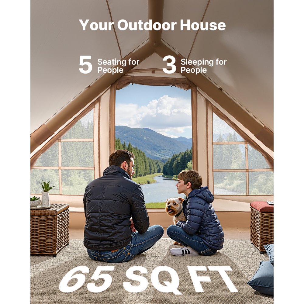 Nadmuchiwane namioty kempingowe VEVOR 3x2x2 m, dla 3-5 osób, namiot glampingowy Oxford 300D, całoroczny, z baldachimem, pompką ręczną, przyłączem do kuchenki, 2 drzwiami i 2 oknami z siatki (w zestawie torba do przechowywania)